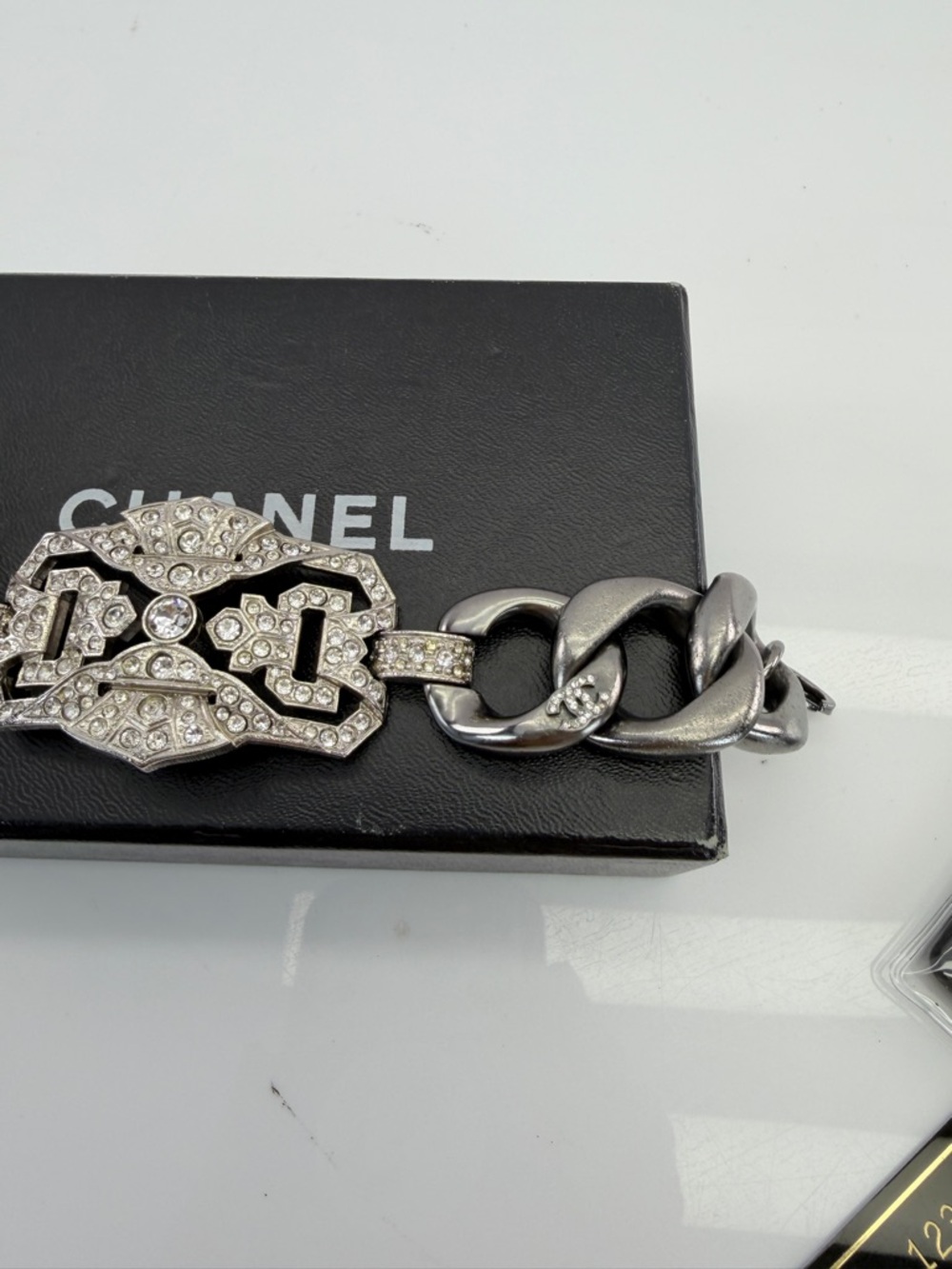 CHANEL Ruthenium Gunmetal and Crystal Art Deco Bracelet with CC Charm - Picture 14 of 14